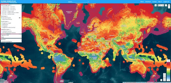 Karta från Global Wind Atlas som visar vindstyrka och energipotential globalt, särskilt för havsbaserad vindkraft i Europa.