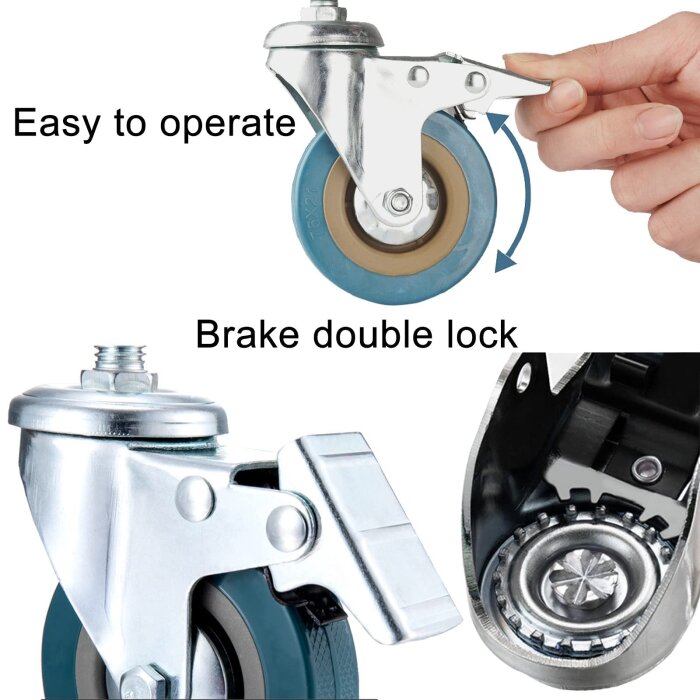 Hjul med roterande och dubbel bromslåsning, visat med hand som trycker spaken, för stabilitet vid låsning.