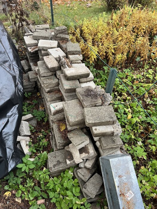 Staplade betongstenar i trädgård, omgivna av grönska och döda löv, vid en svart plastskärm och gulnande buskar.