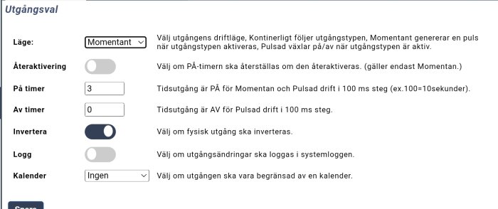 Inställningsmeny för utgångsval med alternativ för läge, återaktivering, timers, invertering, logg och kalender.