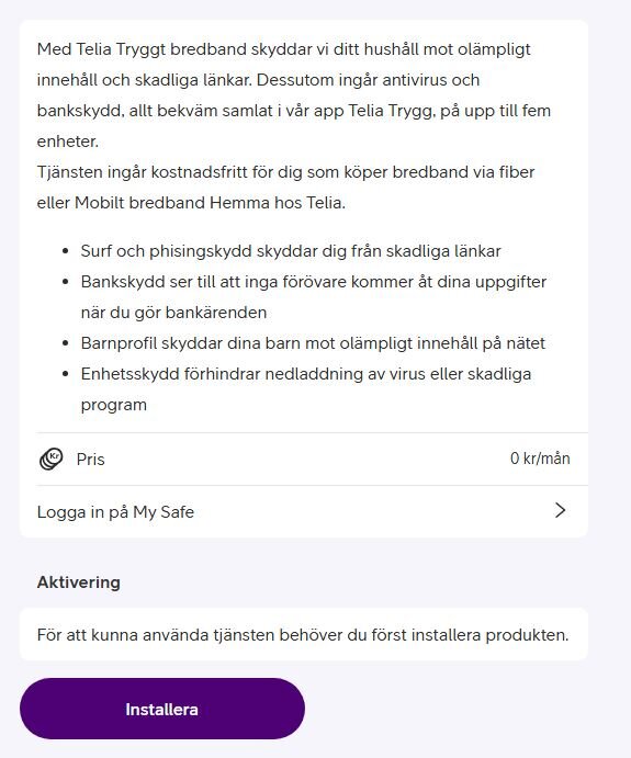 Telia Tryggt bredband: beskrivning av skyddstjänster som antivirus och barnprofil; kostnadsfritt vid köp av bredband, aktivering kräver installation.