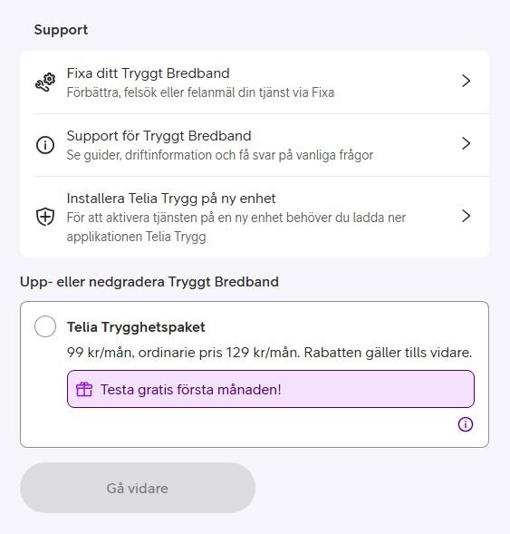 Telias "Tryggt Bredband" support och "Telia Trygghetspaket" med rabatterat pris och gratis första månad presenteras på webbsida.