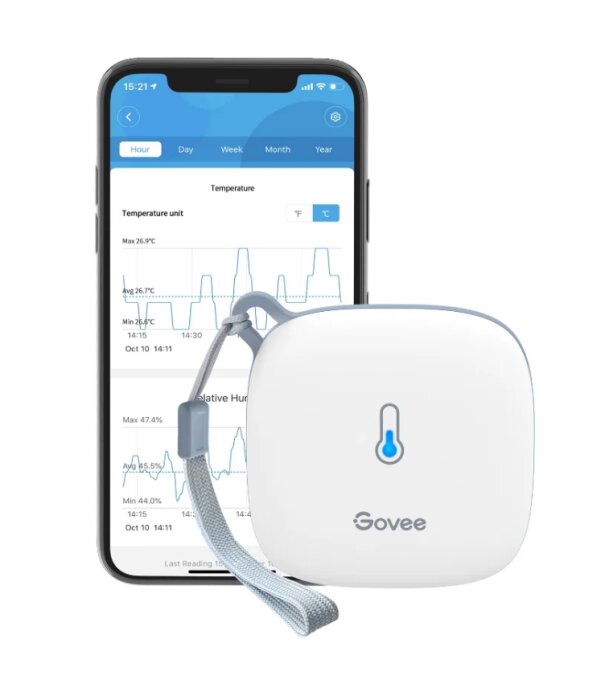 WiFi-termometer från Govee med displayapp på mobiltelefon som visar temperaturdata.