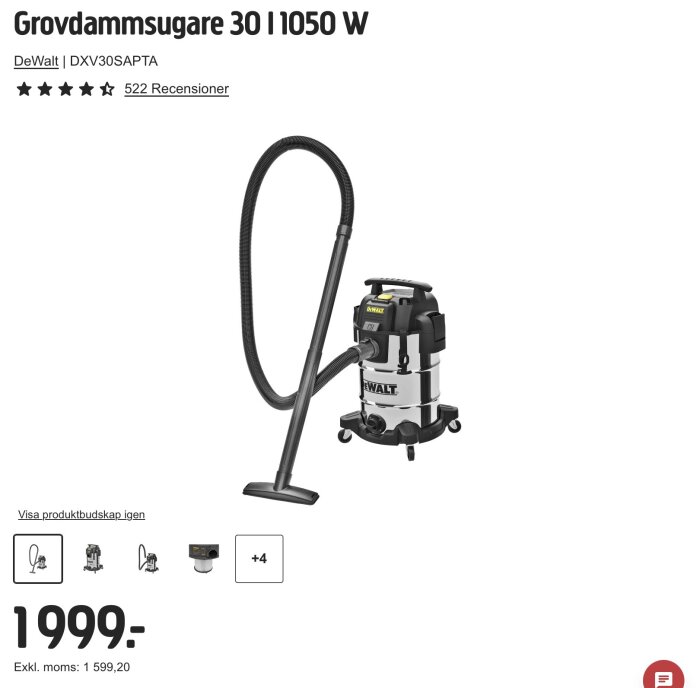 DeWalt grovdammsugare 30L 1050W med lång slang och borsthuvud, prissatt till 1999 kr exkl. moms.