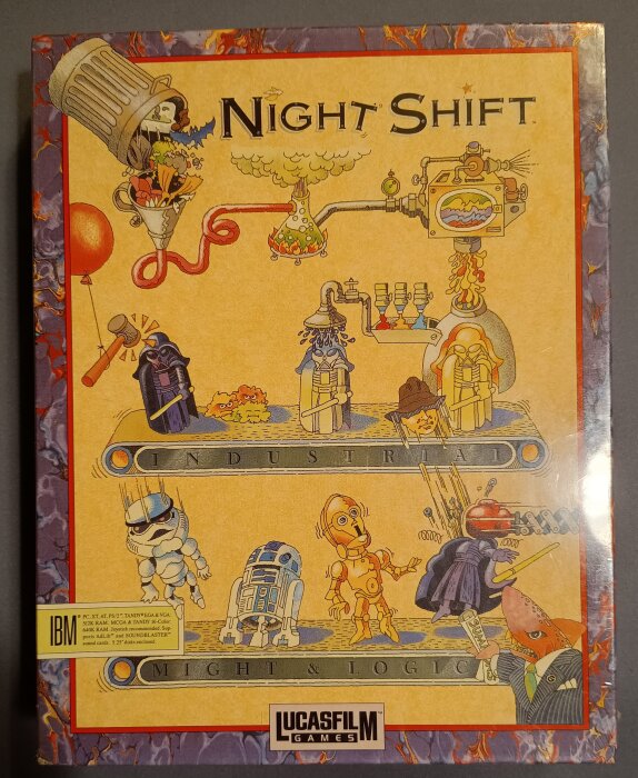 Omslag till retrospel "Night Shift" med illustrationer av olika karaktärer och en blandning av färger, under texten "Industrial Might & Logic".