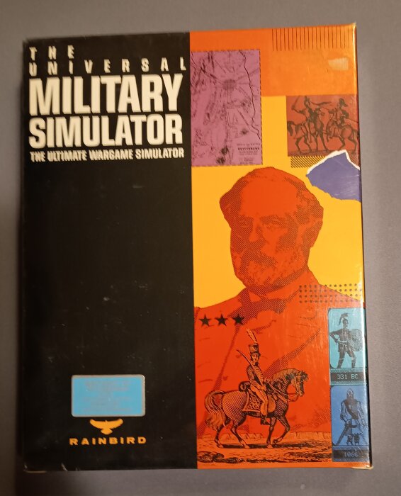 Omslaget till spelet "The Universal Military Simulator" med historiska illustrationer och text, utvecklat av Rainbird.