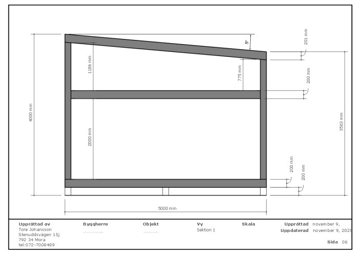 Byggnadsritning av attefallshus med måttangivelser för olika sektioner, visar svårigheten med att få till ståhöjd på loft.