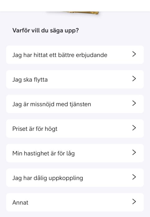 Alternativ för att säga upp ett abonnemang: bättre erbjudande, flytt, missnöjd, högt pris, låg hastighet, dålig uppkoppling, annat.