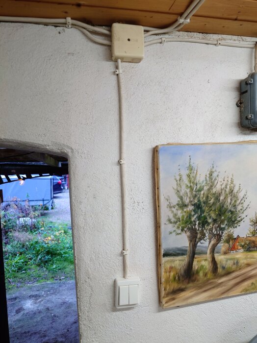 Vägg med en elcentral upptill och en ljusströmbrytare nedtill, omgiven av kablar. En tavla med landskapsmotiv syns till höger.
