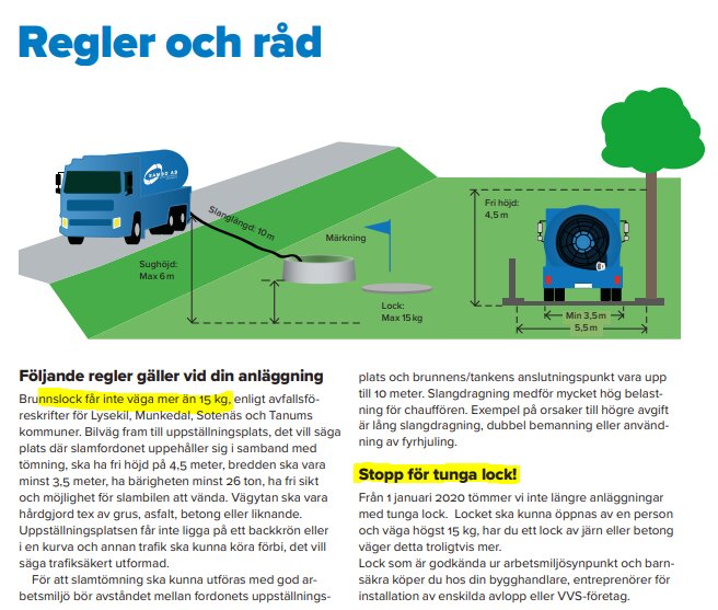 Illustration av regler för slamsugning, med bilder av lastbil, brunnslock och måttspecifikationer. Text om maxvikten för lock och säkerhet.