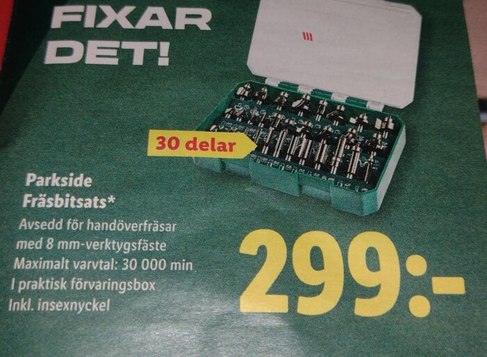 Parksides fräsbitsats med 30 delar för handöverfräsar. Inkluderar förvaringsbox och insexnyckel, max varvtal 30 000 min. Pris: 299 kr.