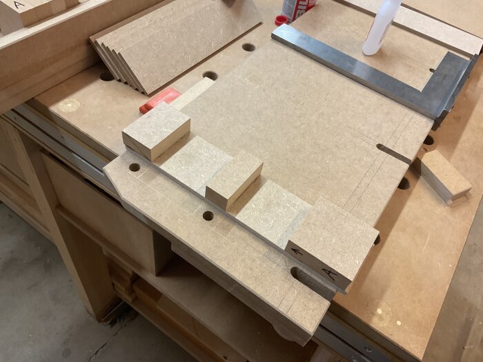 MDF-bitar och vinklad stålmätare på en arbetsbänk, del av konstruktionen för ett nytt anhåll till en justersåg i verkstaden.