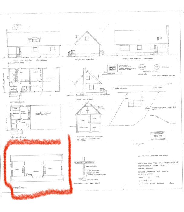 Ritning av hus med markerad sektion. Väggen vid röd linje planeras att öppnas upp mot fönster, tidigare dörröppning, cirka 1,5m bred.
