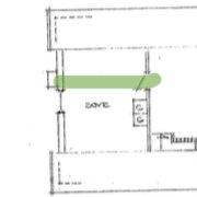 Ritning med grön linje som visar en väggsträckning i ett rum, markerar planerad öppning på cirka 1,5 m där tidigare dörr fanns.