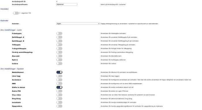 Inställningsskärm för användarprofiler i säkerhetssystem med alternativen för webbåtkomst och att ställa in datum och tid är aktiverade.