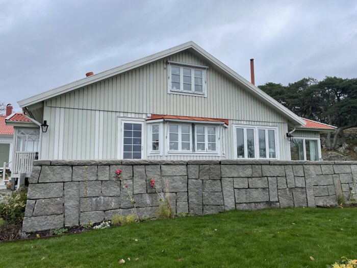 Husfasad med olika fönsterstilar, dörr till vänster med spröjs och burspråk i mitten. Stenmur och gräsmatta framför huset.