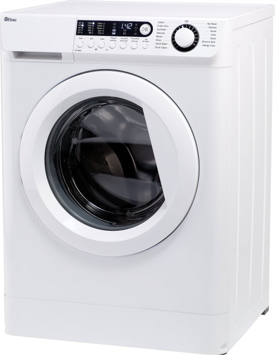 Vit frontmatad tvättmaskin Ebac E-Care Dual Fill med digitalt panel och flera tvättlägen.
