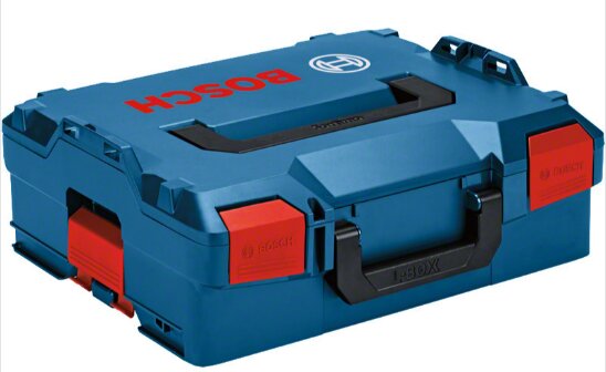 Blå Bosch L-Boxx 136 med röd text och handtag, designad för att öppnas trots att det sitter en låda ovanpå.