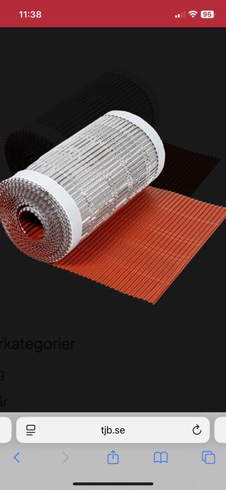 Nocktätningsmatta i rulle från TJB, visad med röd och silverfärgad detaljerad struktur på en mörk bakgrund.