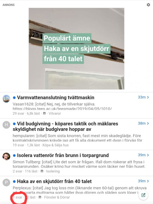 Överdel av en skjutdörr med infälld skena; text "Populärt ämne Haka av en skjutdörr från 40 talet" visas över bilden.
