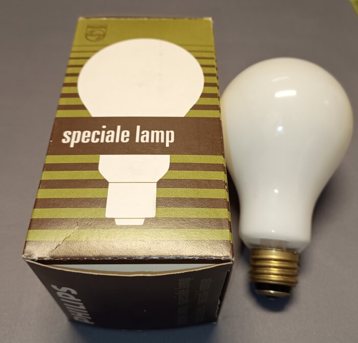 Förpackning och lampa för speciallampa med två glödtrådar på 60 och 100 watt, med möjlighet att kombineras för 160 watt.