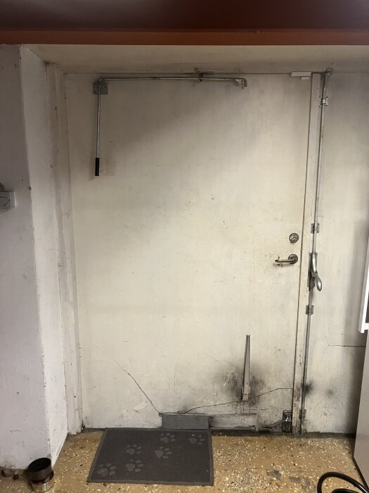 Dubbeldörr med springor och mekanismer som behöver isoleras, sett från insidan av källare. Dörrmatta med tassavtryck synlig på golvet.