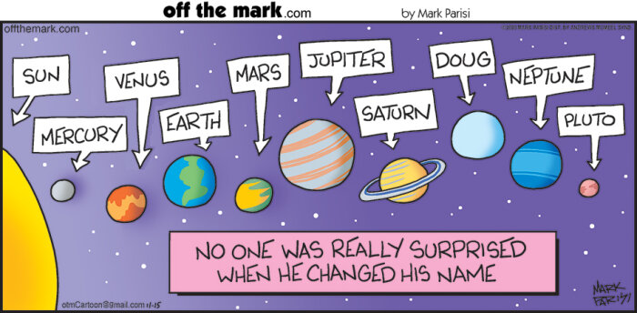 Tecknad serie av planeter i solsystemet där Uranus har bytt namn till "Doug". Text: "No one was really surprised when he changed his name".