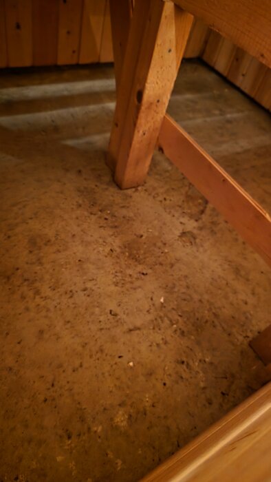 Bilden visar ett betonggolv i en bastu med träbänkar ovanför. Golvet saknar golvvärme, vilket orsakar kyla i bastun.