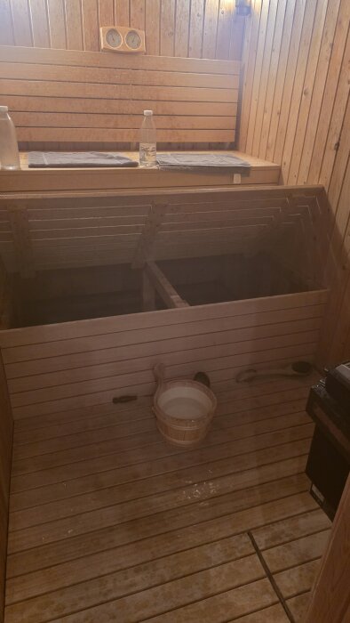 Inuti en källarbastu med träpaneler, två bänkar och golv av trä. En hink med vatten står på golvet och det finns en termometer på väggen.