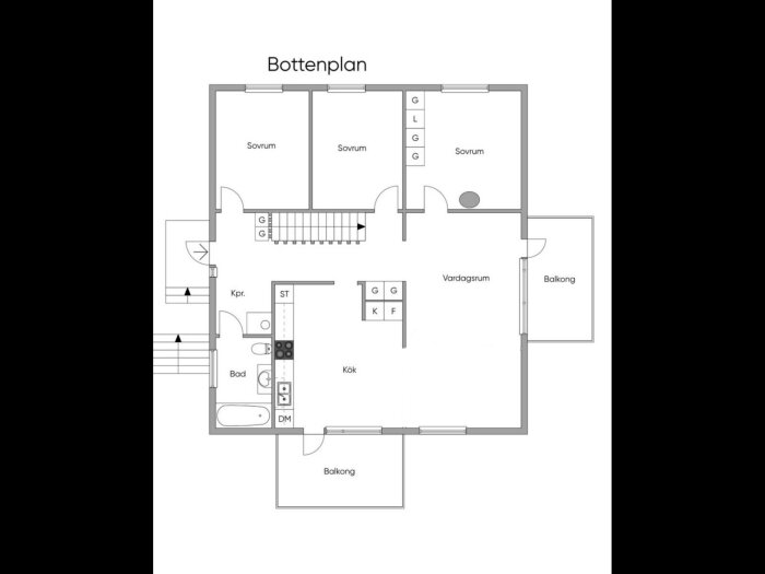 Planskiss över ett hus från 1971, visar bottenplan med sovrum, kök, vardagsrum och balkong. Vägg mellan vardagsrum och sovrum borttagen.