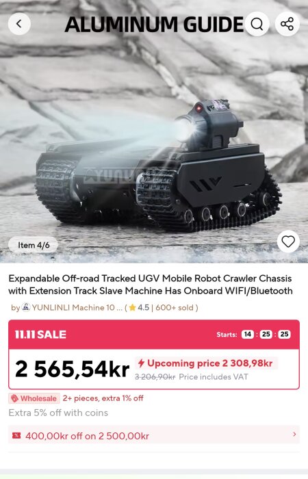 UGV-robotfordon på larvband med lampa säljs på Aliexpress; har WiFi och Bluetooth enligt produkttitel.