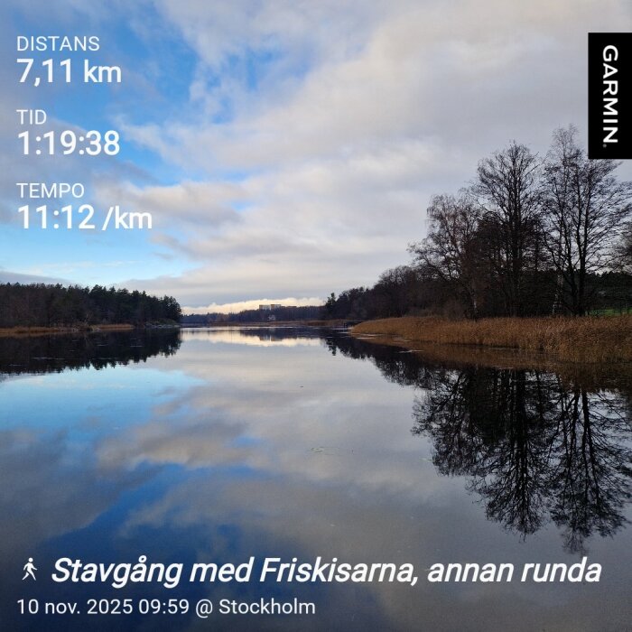 Landskapsbild av en sjö med spegelblankt vatten, omgiven av träd och gräs, under en delvis molnig himmel. Texter visar en runda med stavgång i Stockholm.