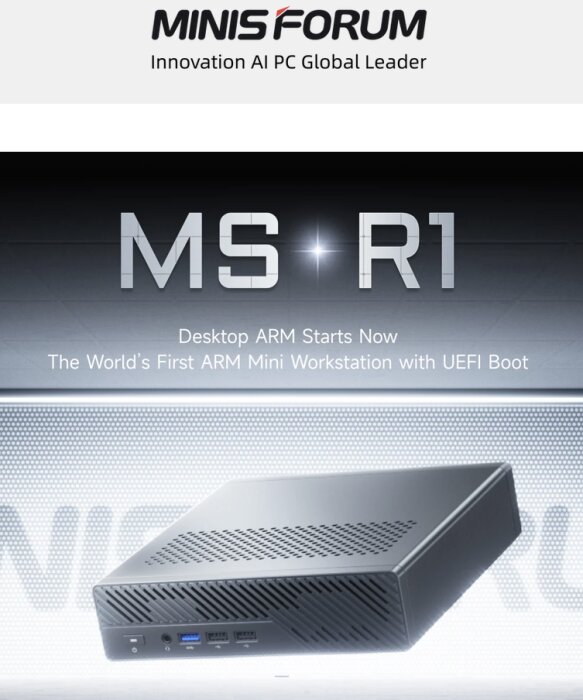 Minisforum MS-R1 workstation; världens första ARM mini-workstation med UEFI Boot, visas med logotyp och slogan om innovation inom AI PC.