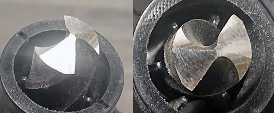 Närbild på en nyligen slipad borrspets i hållare, visar slipresultatet med Lidl borrslipen PBSG 92 A1, beskriven i diskussionsinlägget.