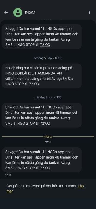Skärmbild av ett meddelande från INGO om en vinst på 1 liter bränsle i deras app-spel, med instruktioner för inlösen via SMS.