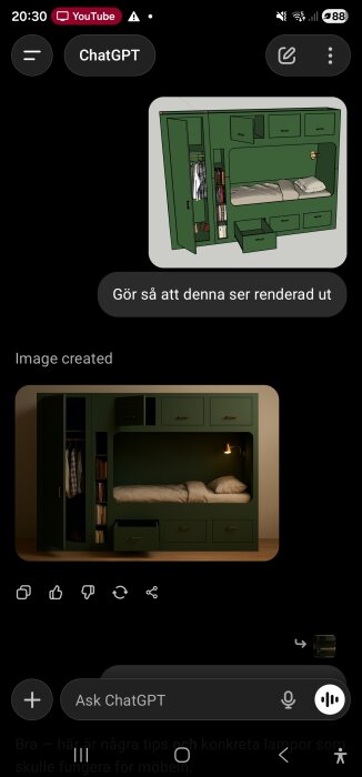 Grön garderob med inbyggd säng och hyllor, belysning ovanför sängen. Renderad AI-version under sketchup-skiss.
