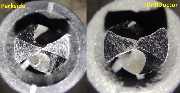 Närbild av borrspetsar, vänster Parkside och höger DrillDoctor, för att jämföra slipresultat och precision på borrslipar.