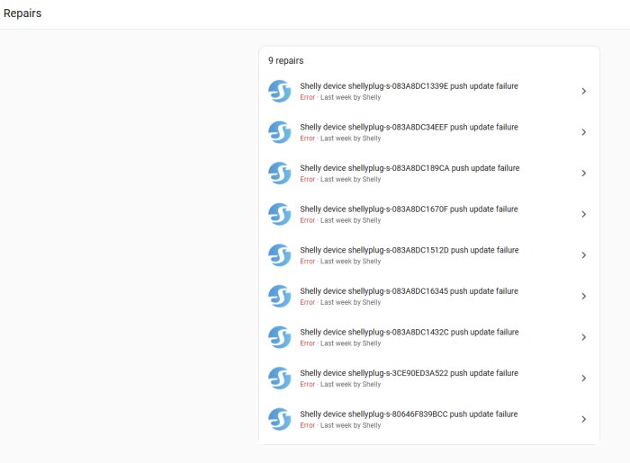 Lista över Shelly Plug S-enheter med push update-fel i Home Assistant.