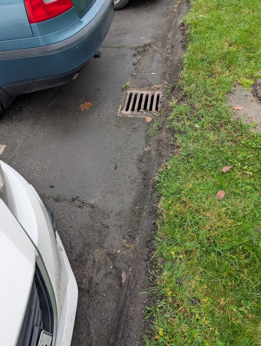 Bilar parkerade nära en vägkant med nyligen rensad gräs, och en brunnsynlig vid vägkanten. Gruset syns på marken runt bilarna.