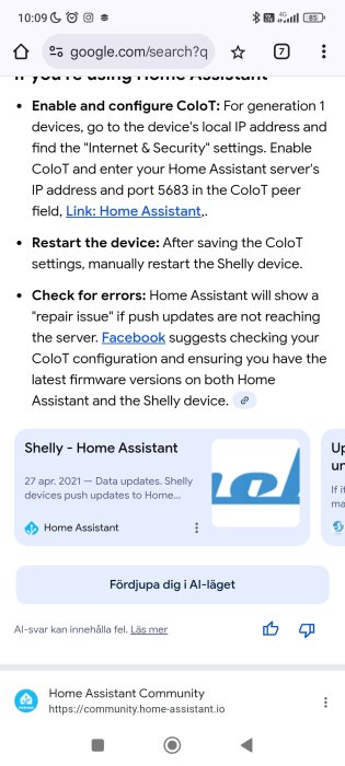 Skärmdump av en instruktion för att aktivera och konfigurera ColoT för generation 1-enheter, inklusive länk till Home Assistant och Facebook-förslag.