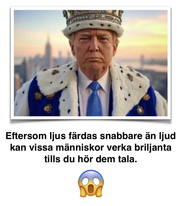 En man i kungakrona och mantel står framför en stadssilhuett vid solnedgången med texten "Eftersom ljus färdas snabbare än ljud kan vissa människor verka briljanta tills du hör dem tala.