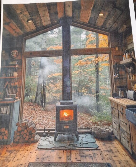 Interiör av stuga med stor fönstervägg mot skog, vedspis, och vedstaplar.