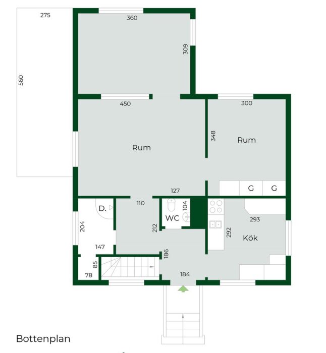 Planritning av bottenplan för ett funkishus med rum och måttangivelser. Visar kök, WC och rum. Används för diskussion om tillbyggnad och renovering.