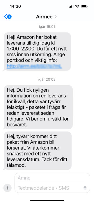 Skärmbild av tre sms från Airmee om en försenad och felaktig paketleverans från Amazon med ursäkt och begäran om tålamod.