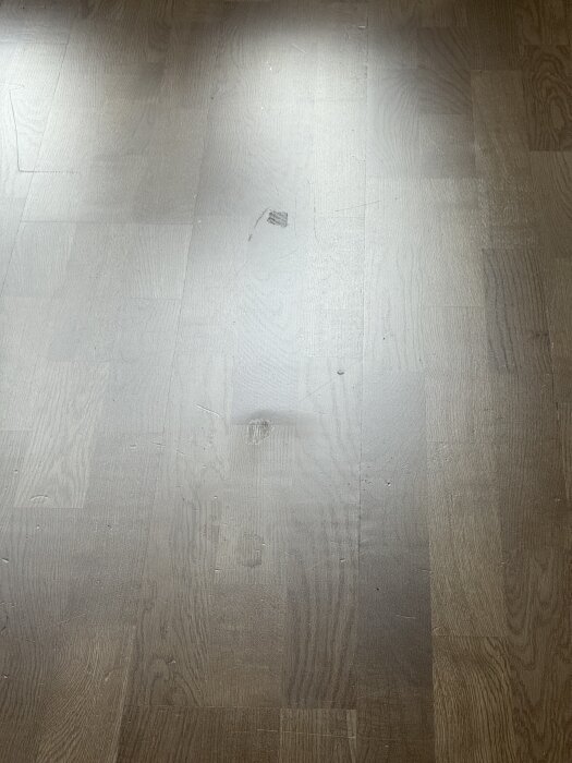 Ekparkettgolv med små blanka fläckar under släpljus, som misstänks vara skador i lacken efter borttagen tejp.