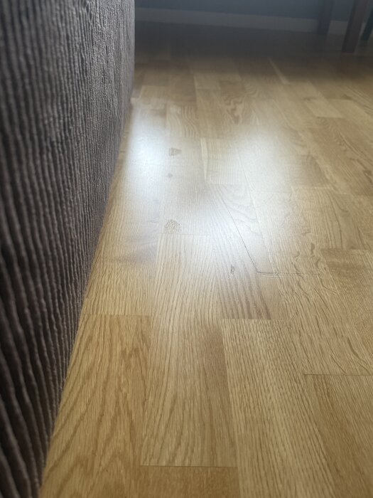 Ekparkettgolv med små blanka fläckar synliga i släpljus nära en tygklädd möbel, vilket kan vara rester av bortdragen lack.