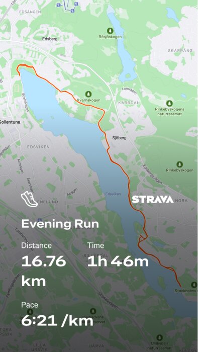 Löprutt i Sollentuna, sträcka 16,76 km, tid 1 timme 46 minuter, tempo 6:21 min/km, visas på karta från Strava.