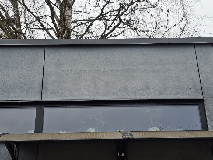 Fasad av ett atterfallshus med en synlig spricka och ett fönster nedanför, trädet i bakgrunden.