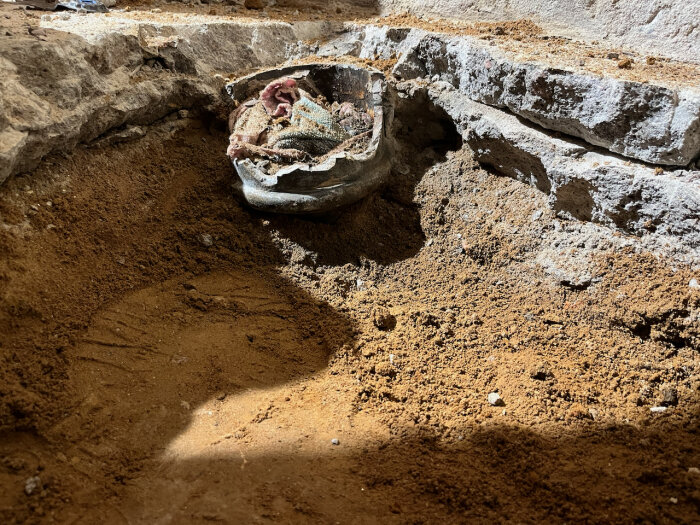 Uppbilat golv i källare med synlig gammal gjutjärnsstam, förberedelse för installation av ny vägghängd toalett och avloppssystem.