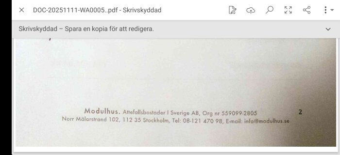 Kontaktinformation för Modulhus, Attefallsbostäder i Sverige AB, med adress och kontaktuppgifter i Stockholm.
